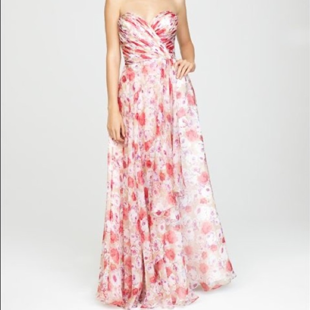 Flower print strapless maxi gown